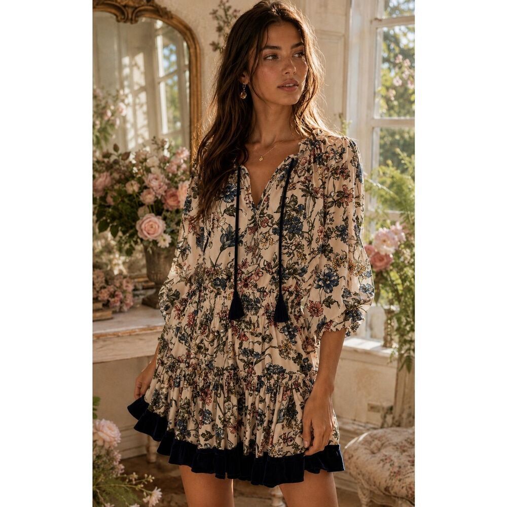 MISA Floral Smocked Mini Dress with Velvet Trim Tassel Tie Boho Romance, lrg $32